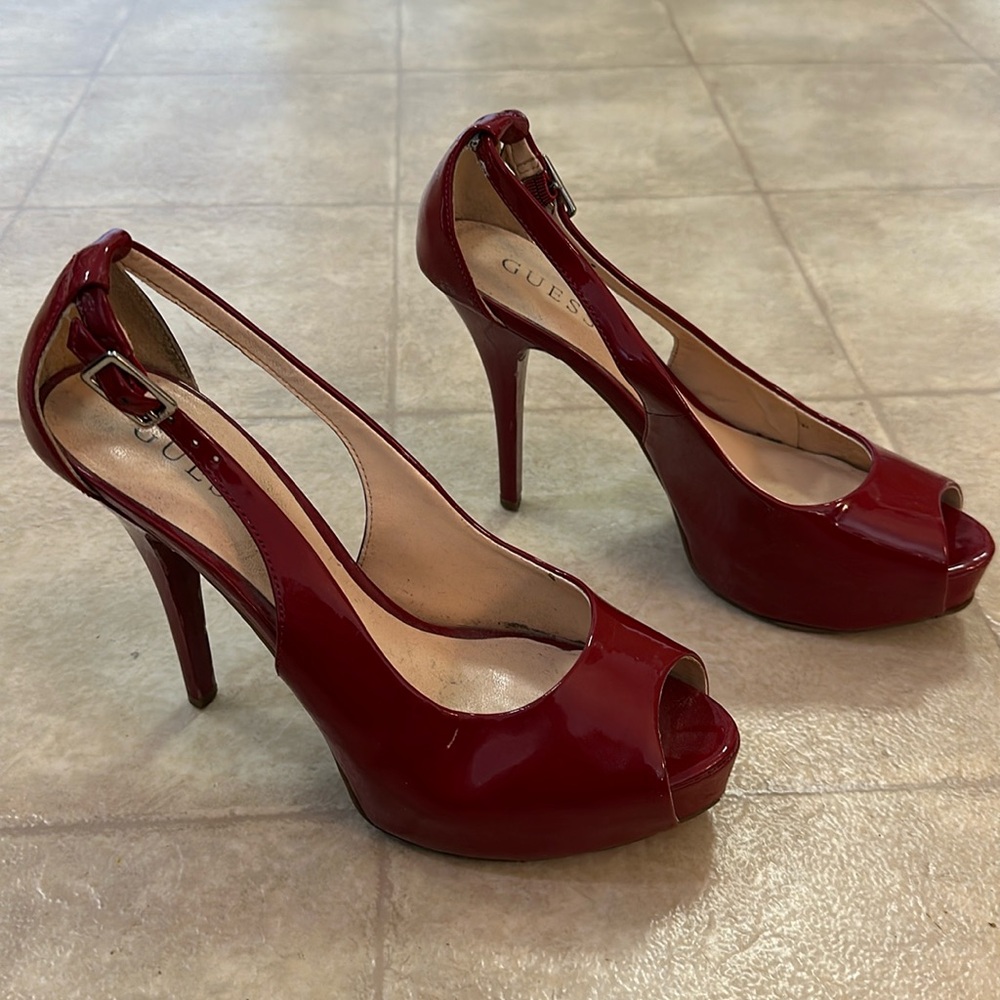 Guess Hondo Open Toe Pumps-Red